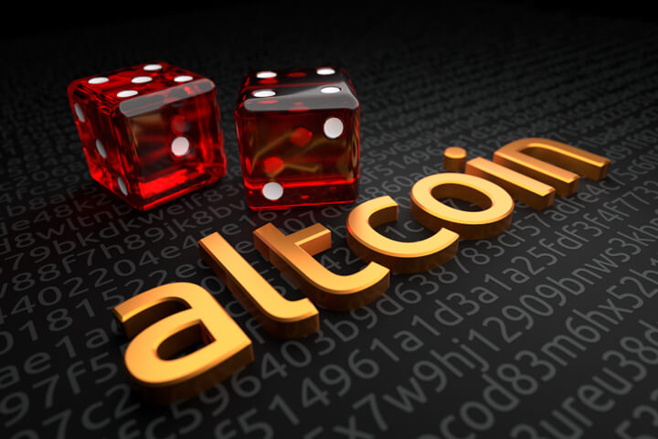 Altcoin text on crypto code background with two dice concept for altcoin risk