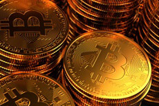 Bitcoins stacked close up Close-up photo of stacks of Bitcoins with dynamic lighting