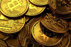 Pile of random Bitcoins with golden lighting