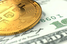 Spot lit bitcoin on bill Single Bitcoin laid on U.S. one hundred dollar bill