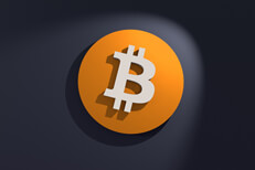 Bitcoin B Logo front view Front view of orange and white Bitcoin B logo on dark wall with spotlight
