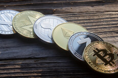Curved row of Bitcoin and altcoins Bitcoin, Zcash, Ethereum, Ripple, Monero, and Litecoins in a curved row