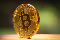 Bitcoin balancing on edge on wood surface with nature background