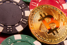 Bitcoin on poker chips Gold bitcoin on pile of poker chips cryptocurrency risk concept