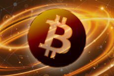 Bitcoin token with blockchain and swirl Bitcoin token on light swirl effect with blockchain image in background