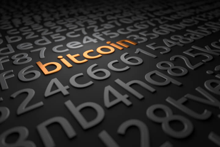 Random encrypted code with word Bitcoin in metallic orange color