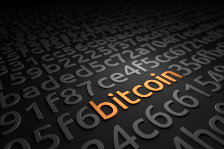 Random encrypted blockchain style code with word Bitcoin in metallic orange color different camera angle