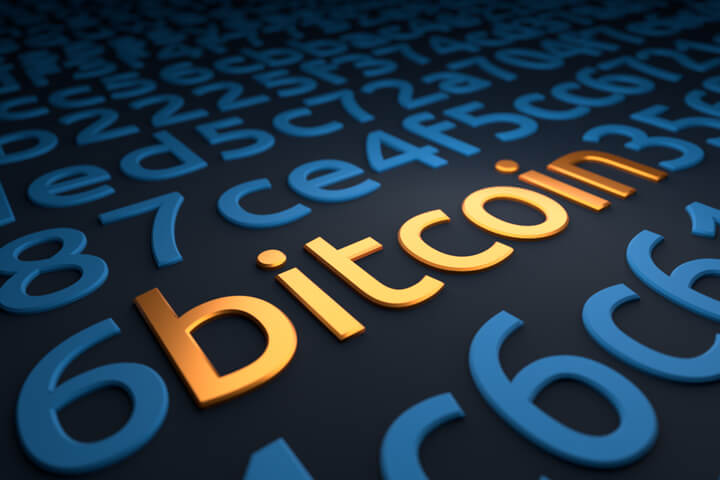 Random encrypted code with word Bitcoin in metallic orange color with blockchain in blue closeup version