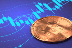 Bitcoin on blue candlestick chart Bitcoin laying on blue stock price candlestick chart