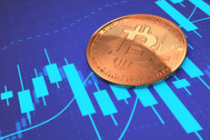 Bitcoin on blue candlestick chart Bitcoin laying on blue stock price candlestick chart