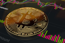 Bitcoin with mobile stock trading app screen Bitcoin on iPhone showing stock trading app screen with volatility and volume