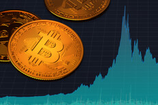 BTCUSD area chart with Bitcoins Area chart showing Bitcoin BTCUSD stock price area chart with three shiny Bitcoins overlaid