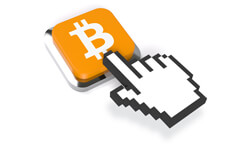 3D mouse pointer on small Bitcoin button 3D mouse pointer on orange Bitcoin B button with chrome bezel isolated on white