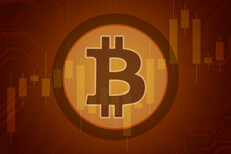Bitcoin on candlestick chart Bitcoin overlaid on stock price candlestick chart with circuit background