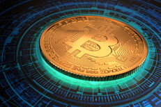 Bitcoin with circular digital pattern Gold Bitcoin with light emitting from below with circular digital blockchain pattern on background