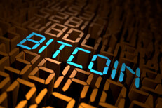 Blue digital Bitcoin String of encrypted blockchain with blue Bitcoin in digital text