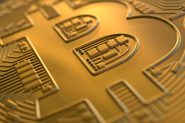 Extreme close up view of side of Bitcoin showing coin detail