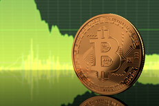 Bitcoin on edge with green area chart Bitcoin standing on edge on reflective surface with green BTC stock price area chart in background