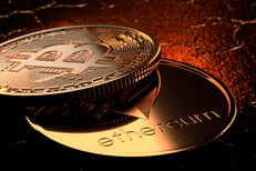 Bitcoin and Ethereum coins Bitcoin and Ethereum coins on cracked surface with orange highlight