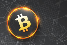 Stylized Bitcoin with blockchain background Glowing orb with Bitcoin B and blockchain background