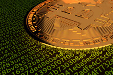 Bitcoin on blockchain code Single Bitcoin lying on green code representing digital blockchain or cryptocurrency technology