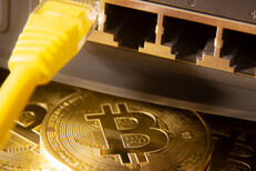 Bitcoins with LAN cable and router ports Bitcoins with yellow LAN Cat-5 cable and router ports