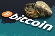 Bitcoin logo with coins Bitcoin logo on stock price area chart with stack of Bitcoins