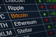 Bitcoin ticker price increase Stock ticker chart showing cryptocurrency prices with Bitcoin price increase highlighted