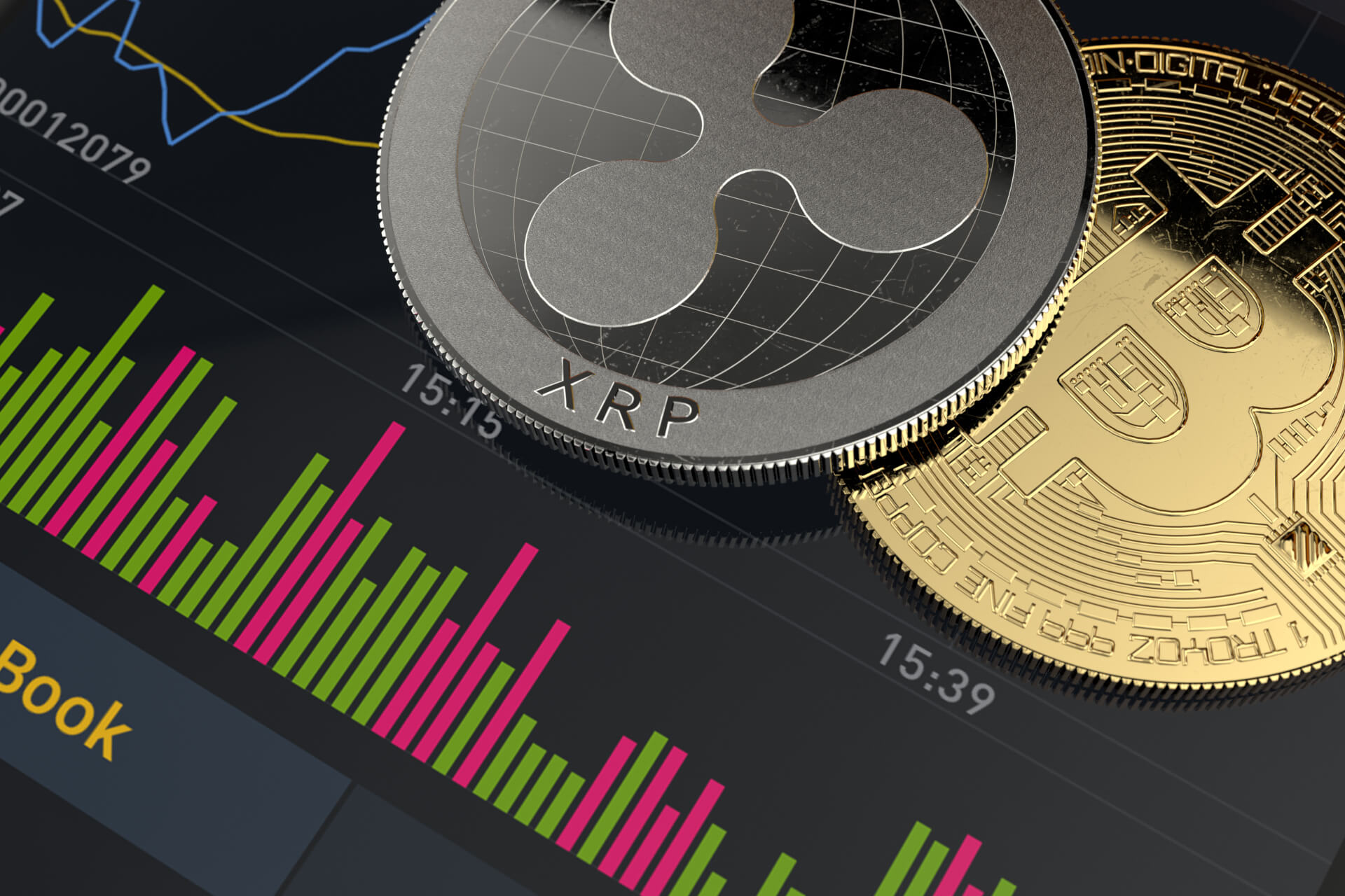 Bitcoin and XRP coins on mobile app free image download