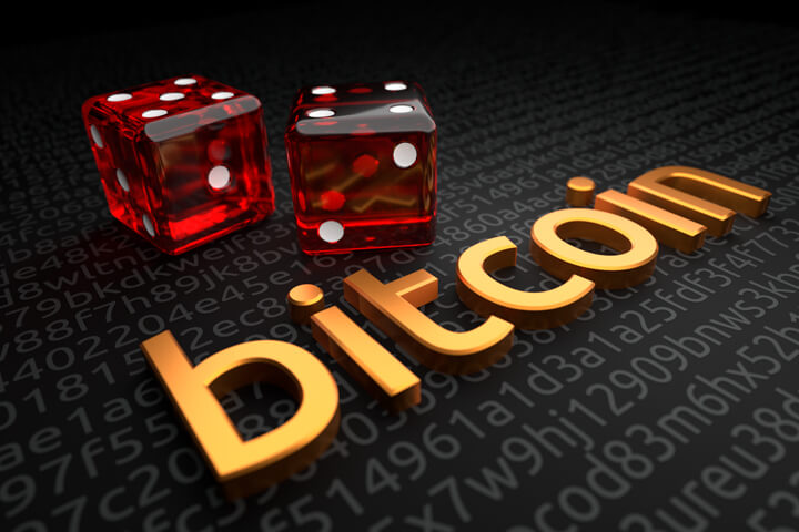 Bitcoin word extruded with two dice symbolizing the risk of Bitcoin investments or cryptocurrency risk