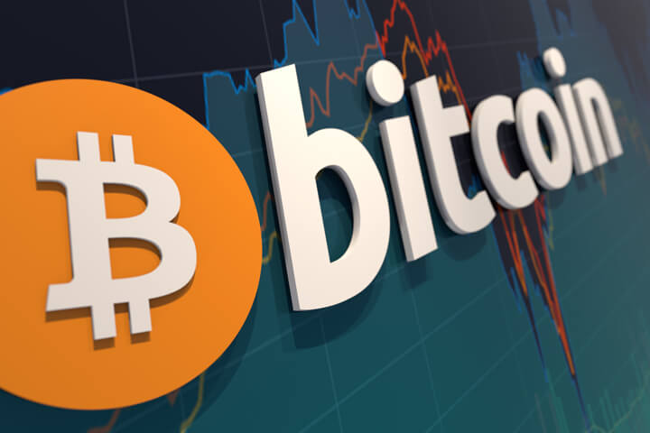 3D Bitcoin logo hanging on wall showing BTC price area chart