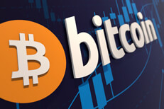 Bitcoin logo 3D with candlesticks 3D Bitcoin logo hanging on wall showing candlestick chart for BTC stock price
