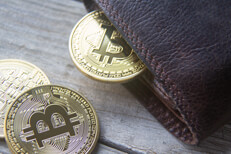 Bitcoin wallet with coins Bitcoin wallet concept image with leather wallet and bitcoins