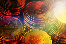 Stacks of bitcoins with lighting effect Stacks of bitcoins with hard corner light and colored overlay