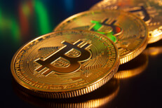 Row of Bitcoins reflecting stock price Row of Bitcoins reflecting stock price candlestick chart in background