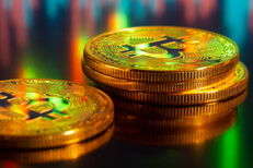 Bitcoins reflecting stock market charts Bitcoins reflecting computer screen showing stock price charts and trading volume