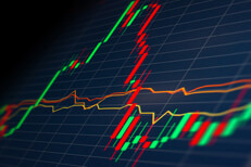 Angled view of BTC stock price chart BTCUSD stock price candlestick chart at an angle with perspective blur