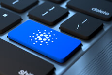 Laptop Cardano keyboard key Laptop keyboard with blue Cardano cryptocurrency key