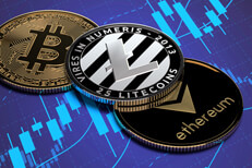 Crypto coins on stock price chart Ethereum, Litecoin, and Bitcoin on blue stock price candlestick chart