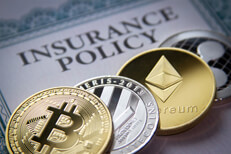Crypto insurance policy Photo of insurance policy with Bitcoin, Litecoin, Ethereum, and Ripple cryptocurrency coins