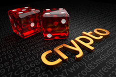 Crypto dice roll String of encrypted code with extruded metallic crypto with two large dice in background
