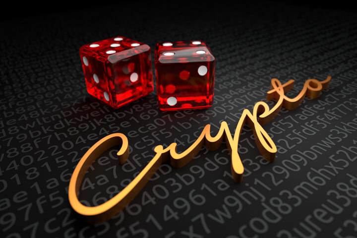 String of encrypted code with extruded metallic script crypto with two dice in background symbolizing digital currency risk