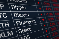 Cryptocurrency stock prices down Stock ticker chart showing many cryptocurrency stocks with all prices down for the session in red