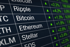 Cryptocurrency stock prices up Stock ticker chart showing many cryptocurrency stocks with all prices up for the session in green
