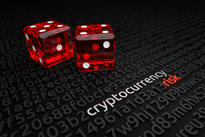 Two red dice on blockchain or encryption key background with cryptocurrency risk text deciphered in string