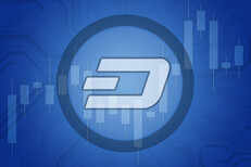 Dash cryptocurrency image Dash cryptocurrency token overlaid on stock price candlestick chart and subtle circuit background