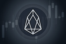 EOS cryptocurrency image EOS cryptocurrency token overlaid on stock price candlestick chart
