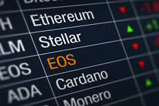 EOS cryptocurrency price decline Stock ticker chart showing cryptocurrency prices with EOS price decline highlighted