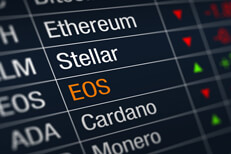 EOS cryptocurrency price increase Stock ticker chart showing cryptocurrency prices with EOS price increase highlighted