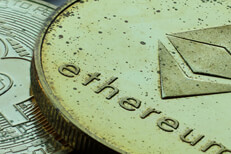 Extreme close up photo of tarnished crypto coins Bitcoin and Ethereum cryptocurrency coins with tarnish and wear extreme closeup photo